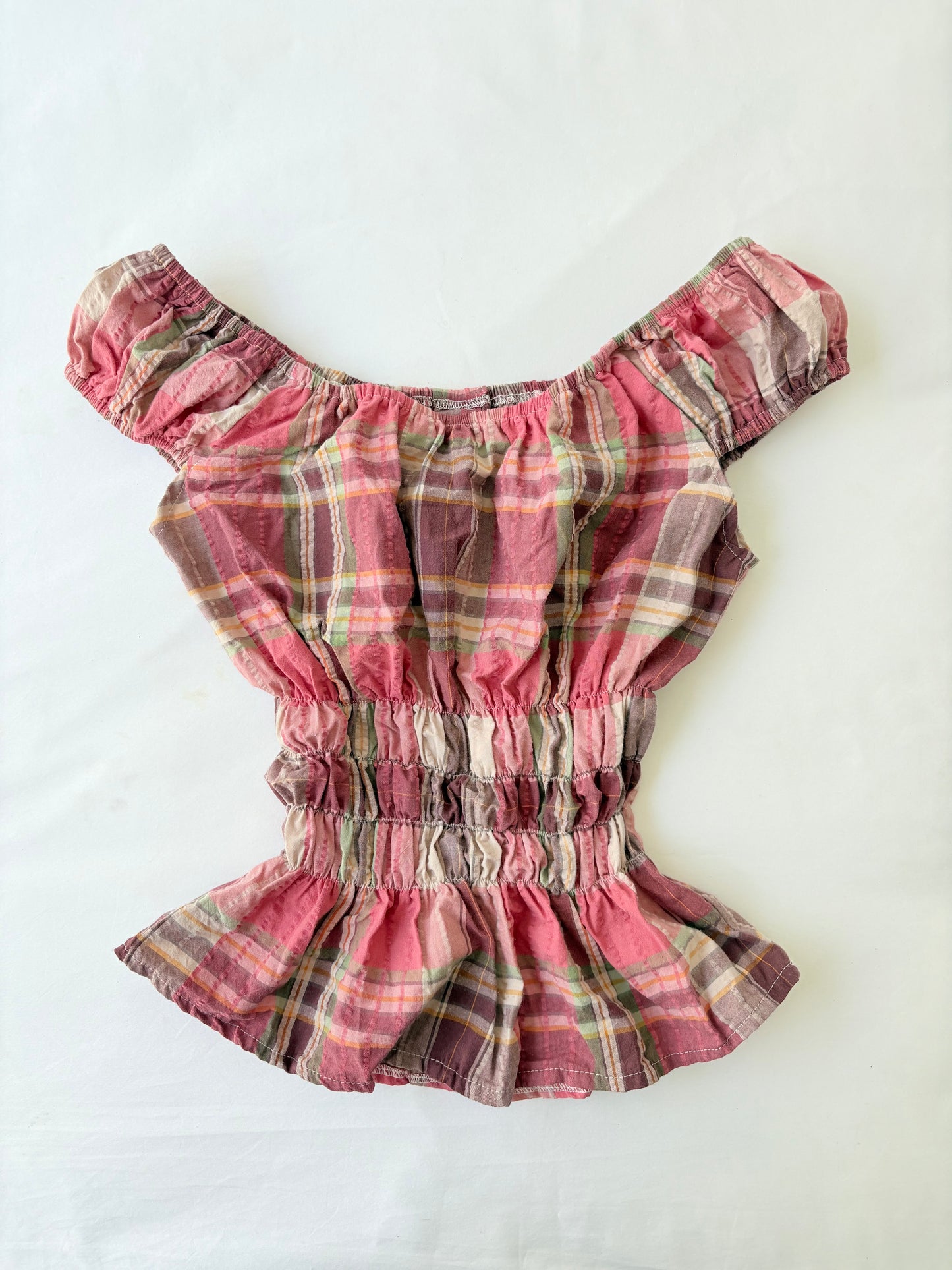 00’s Pink milkmaid plaid top | Size 10-12