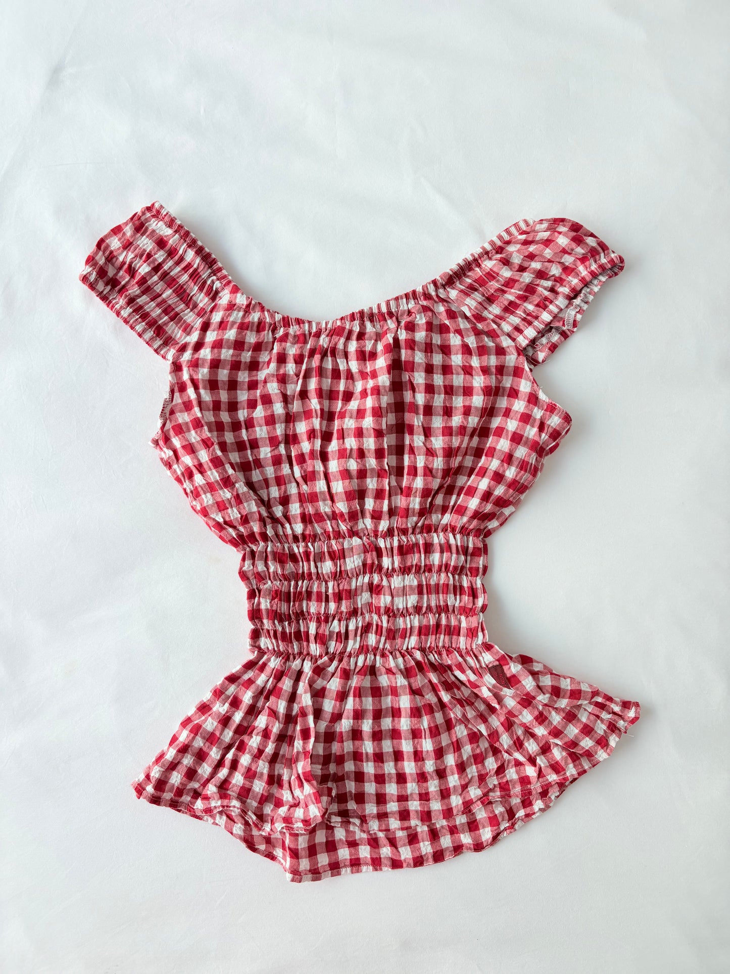 00’s Red gingham milkmaid top | Size 8-10