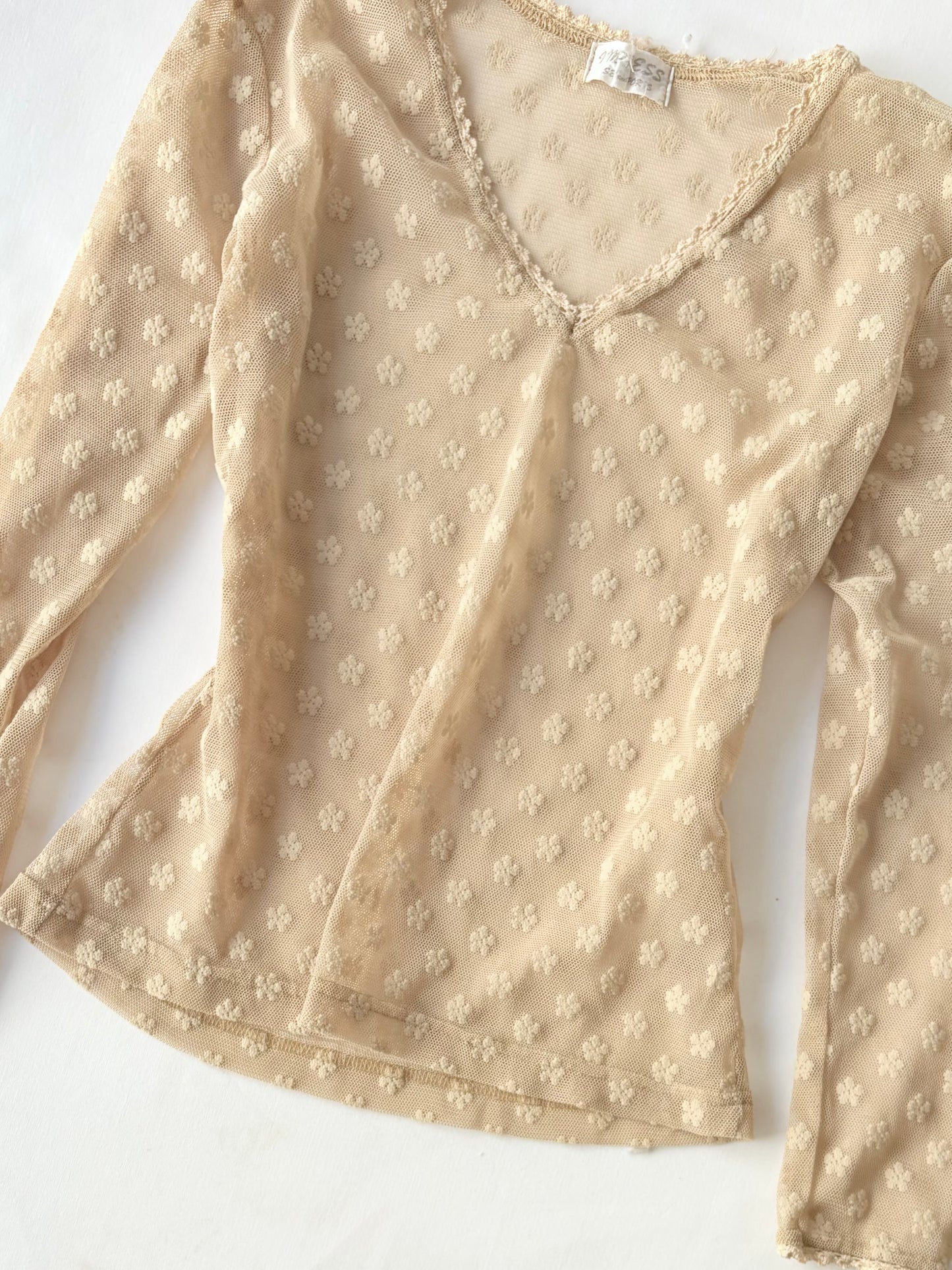 00’s Cream floral micromesh top | Size 8-10