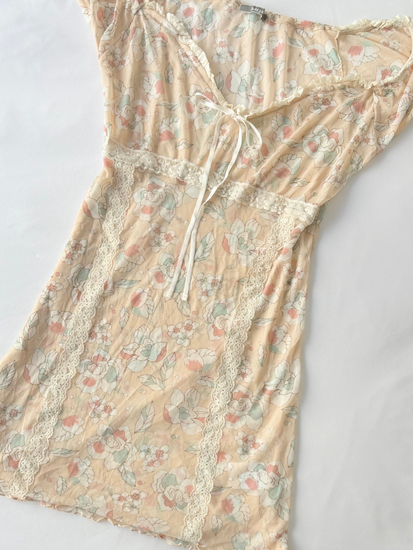 00’s Cream floral sheer mini dress | Size 8-10