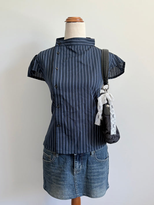 00’s Reworked cap sleeve blue shirt | Size 10-12