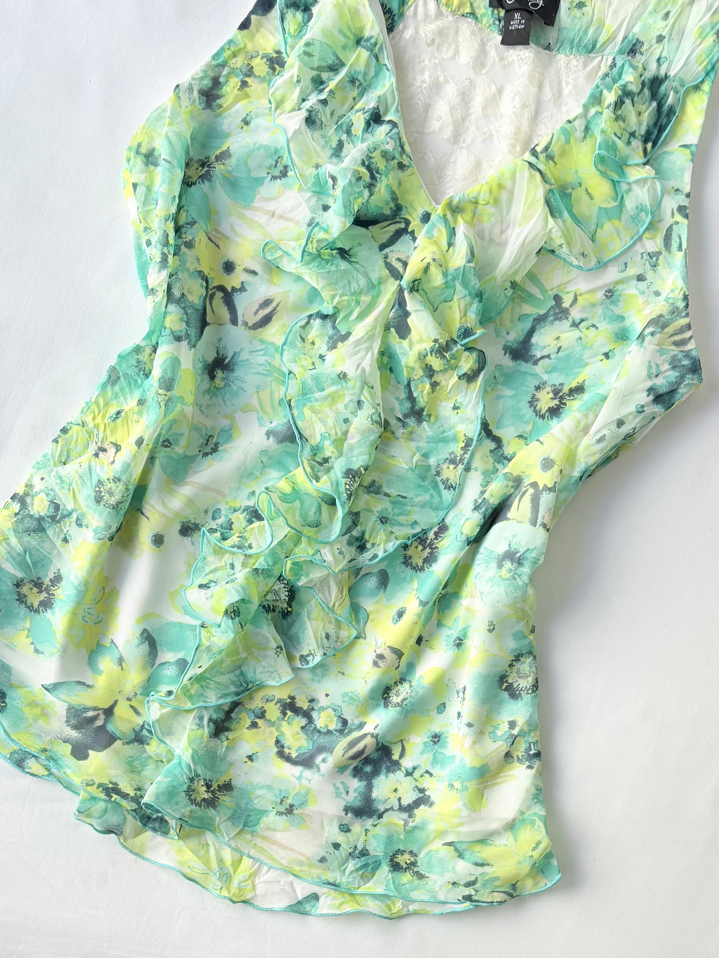 00’s Blue ruffle floral top | Size 14
