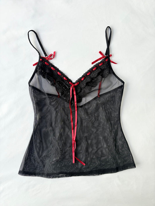 00’s Red ribbon mesh cami | Size 10-12