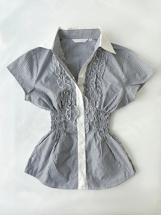 00’s Blue ruffle cinched shirt | Size 10-12