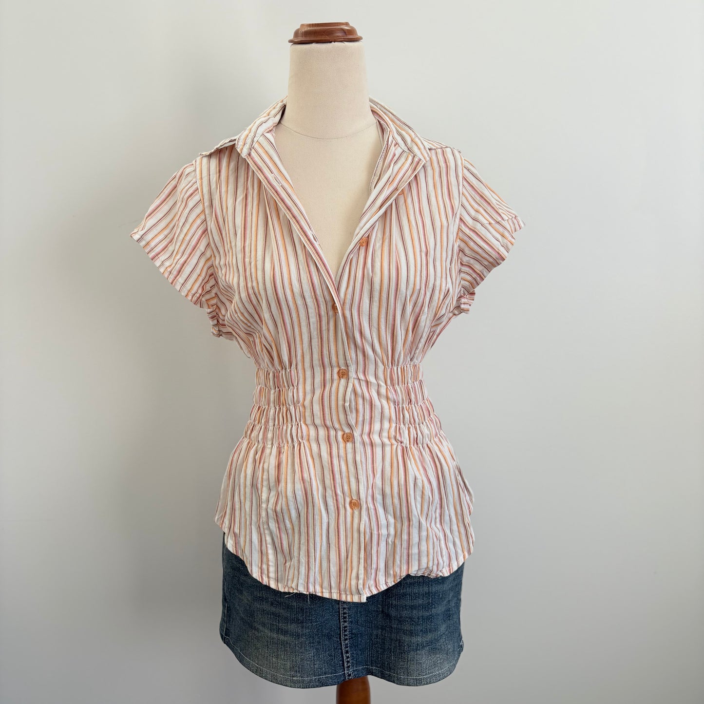 00’s Mocarle orange cinched striped shirt | Size 8