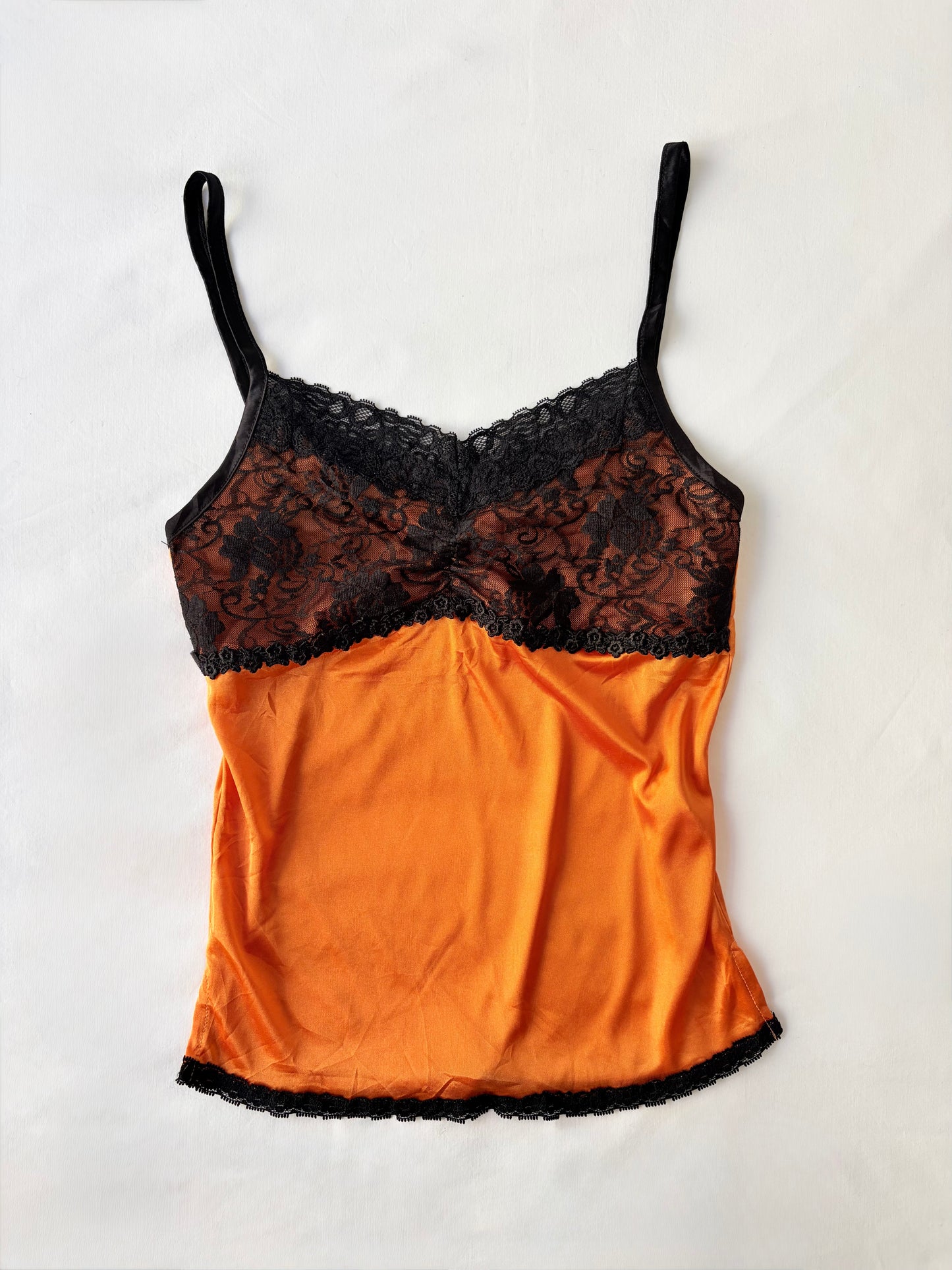 00’s Ruched orange lace cami | Size 8