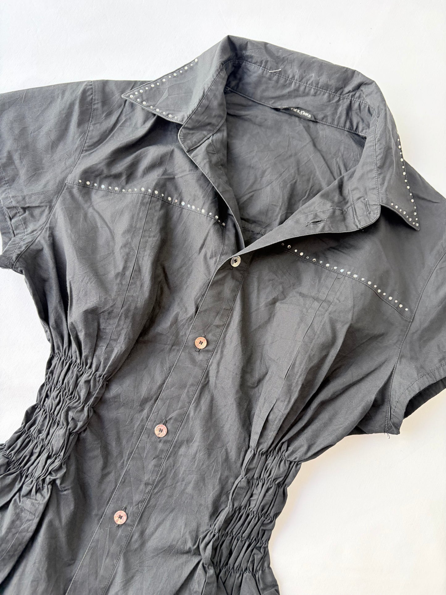 00’s Rhinestone black cinched shirt | Size 12