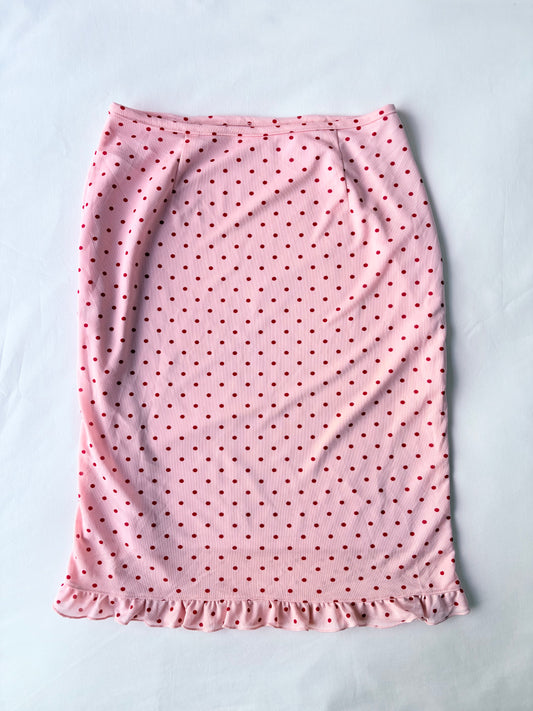 00’s Polka dot pink midi skirt | Size 8
