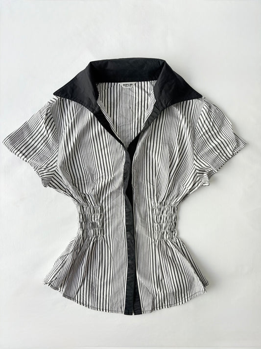 00’s Japanese striped cinched shirt | Size 10-12