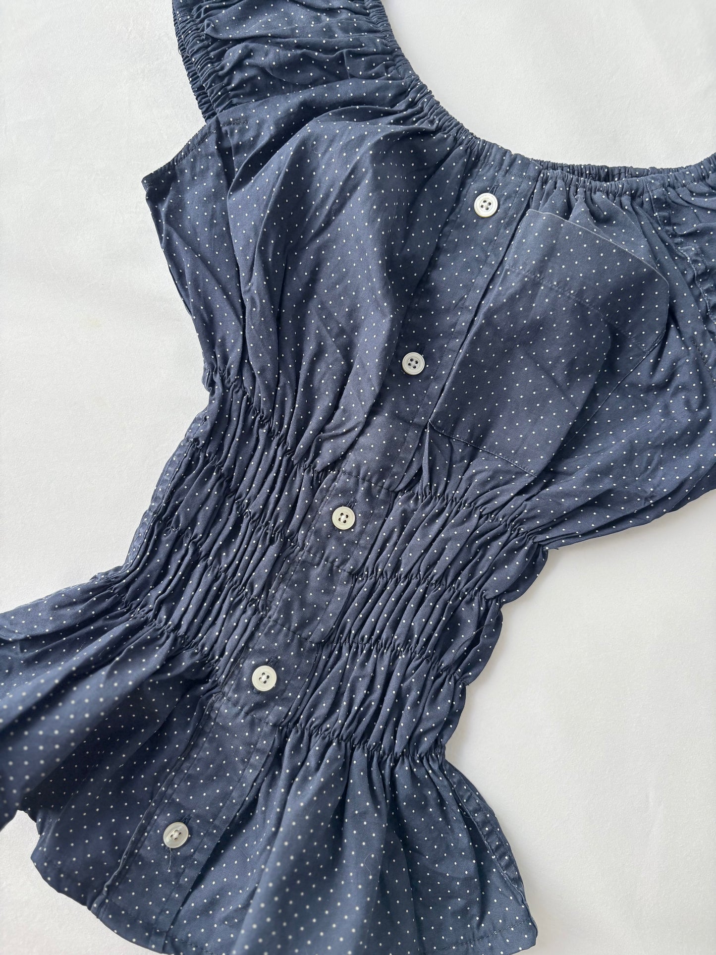 00’s Milkmaid navy polka dot top | Size 6-8