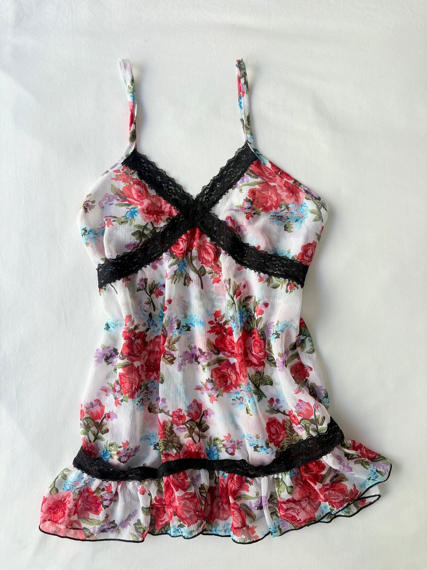 00’s White floral frill cami | Size 8