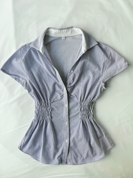 00’s Cinched blue pinstripe shirt | Size 10-12