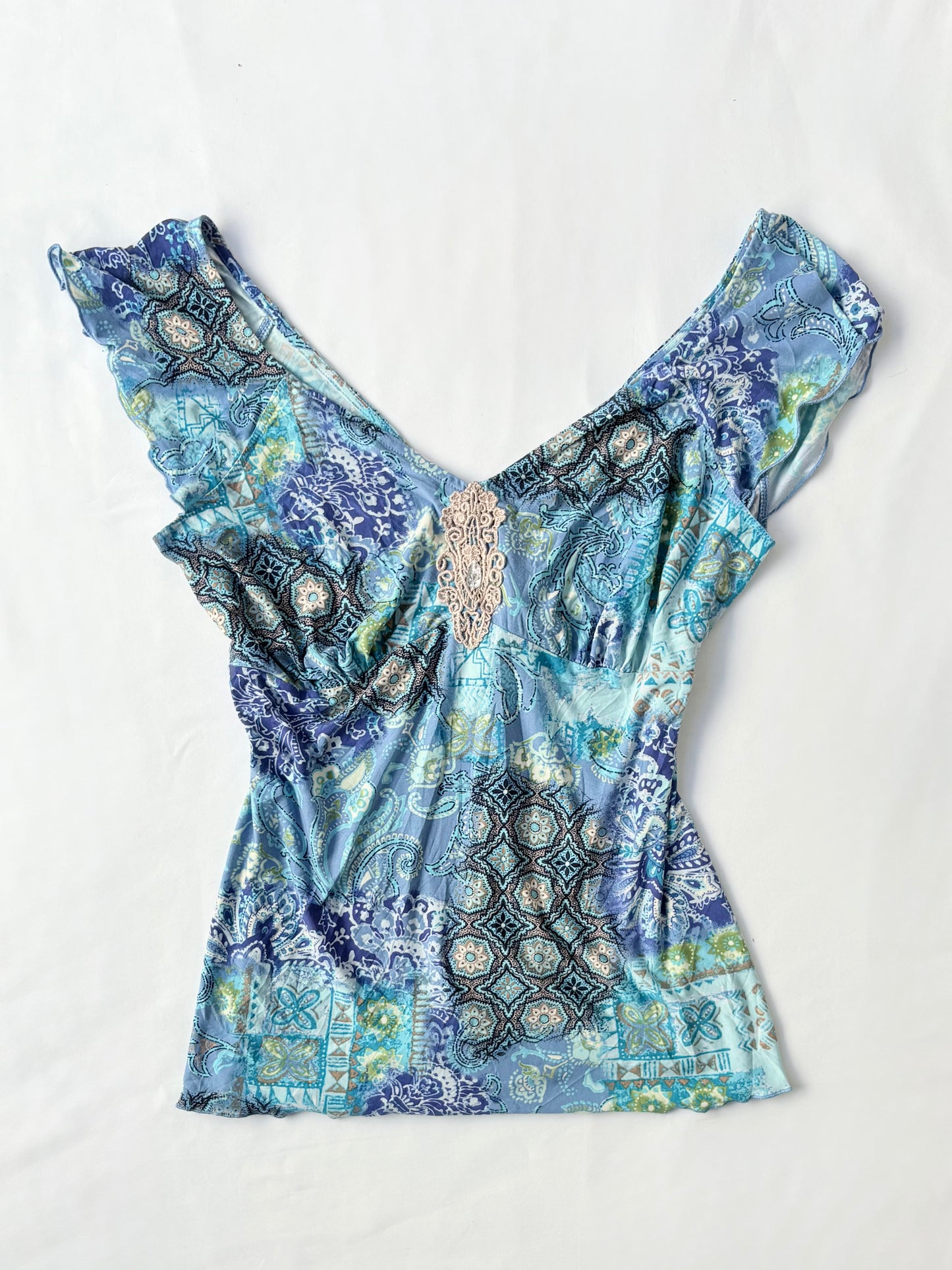 00’s Delicates blue paisley top | Size 10-12