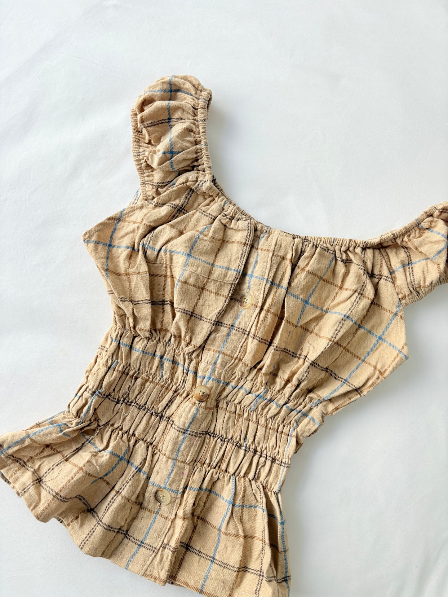 00’s Tan plaid milkmaid top | Size 10-12
