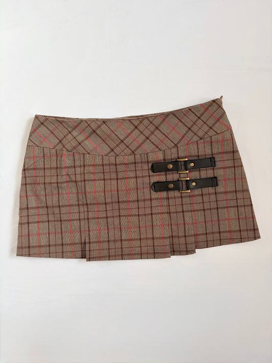 00’s Tan plaid buckle mini skirt | Size 10