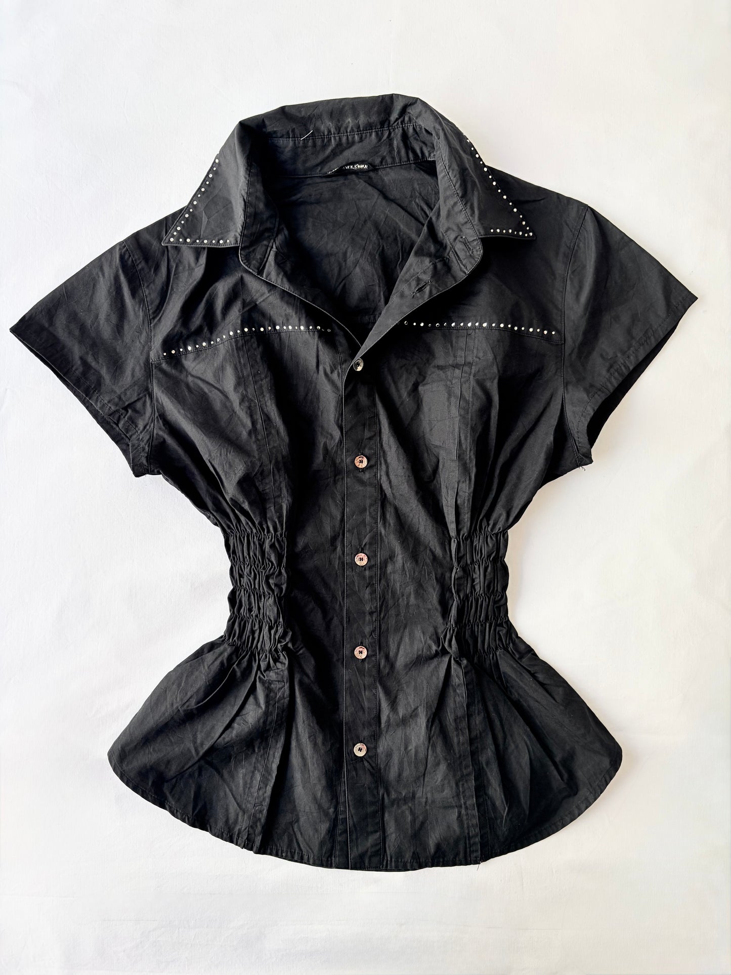 00’s Rhinestone black cinched shirt | Size 12