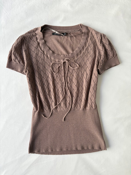 00’s Pointelle bow knit tee | Size 10-12