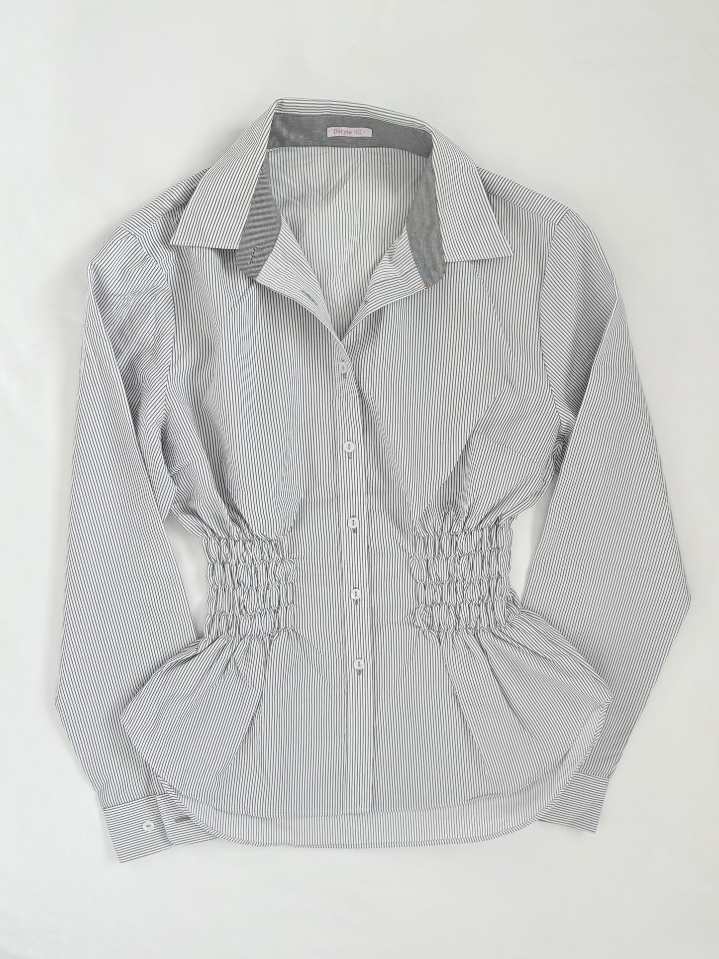 00’s Pinstripe long sleeve cinched shirt | Size 10-12