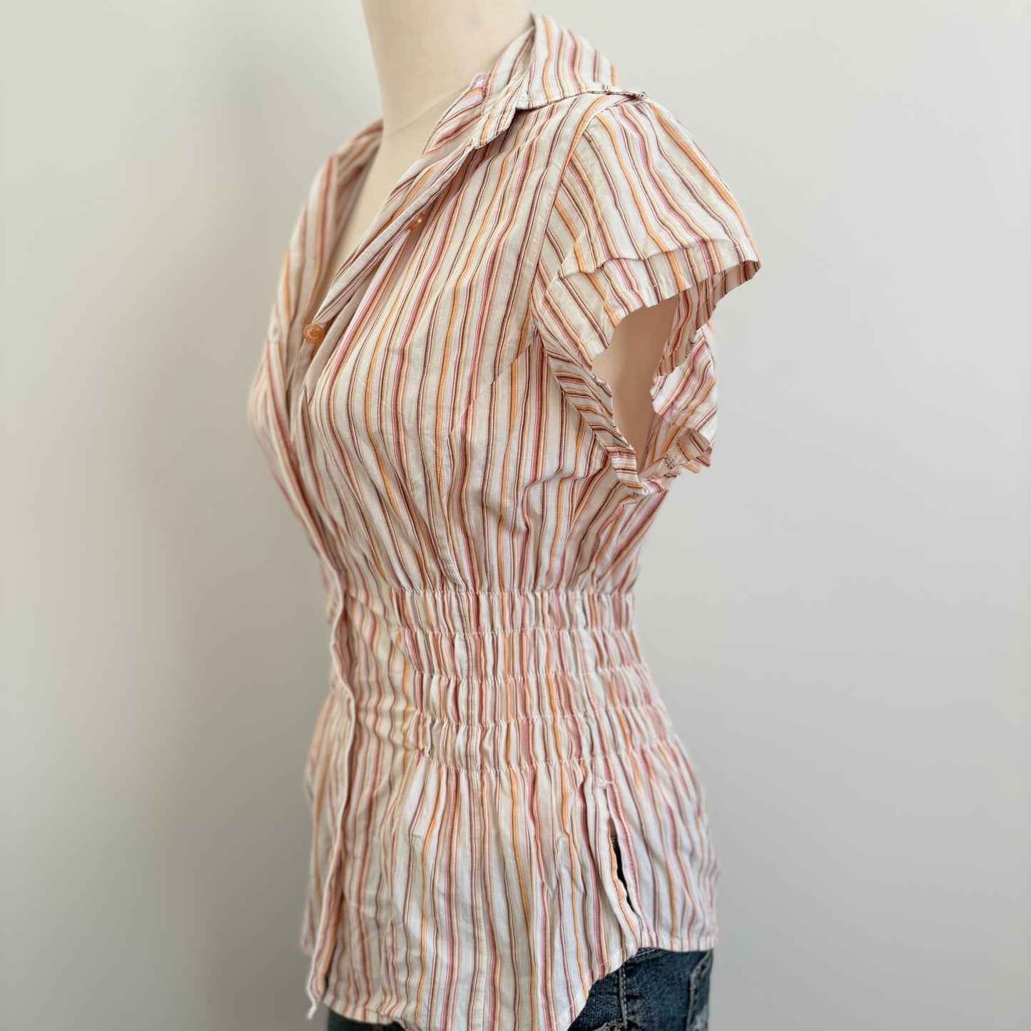 00’s Mocarle orange cinched striped shirt | Size 8