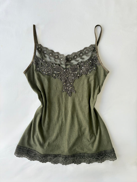 00’s Forrest green embroidered cami | Size medium