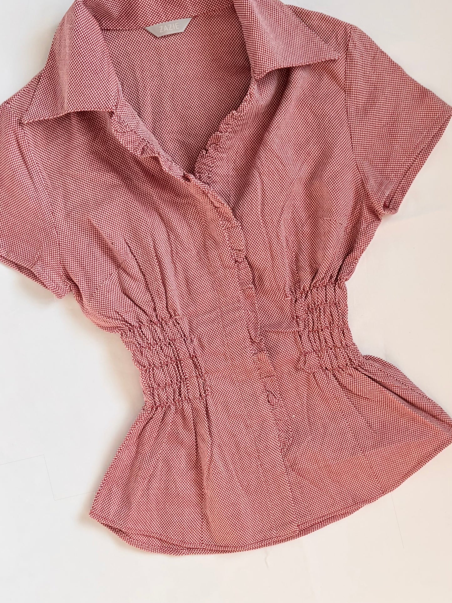00’s Red ruffle cinched shirt | Size 6-8