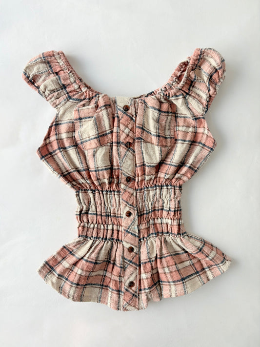 00’s Peach milkmaid plaid top | Size 10-12