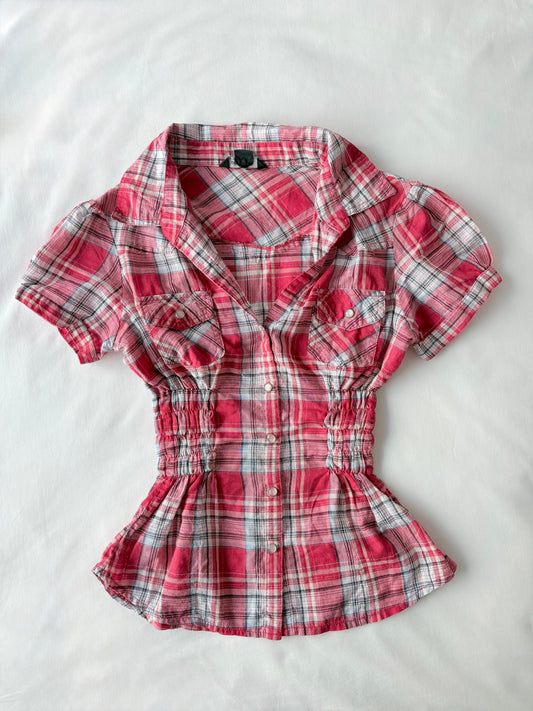 00’s Pink plaid cinched shirt | Size 8