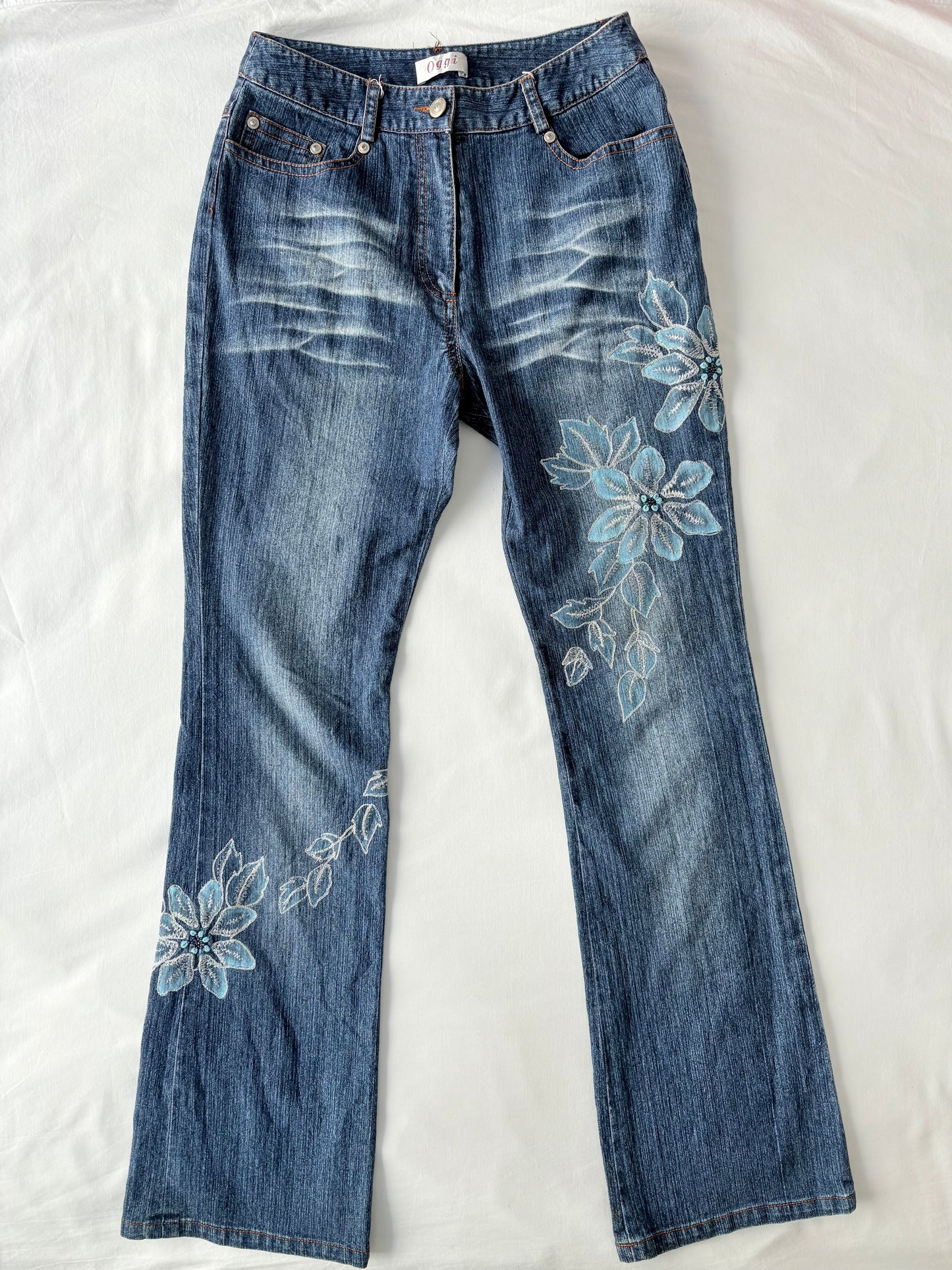 00’s Blue embroidered flared jeans | Size 8