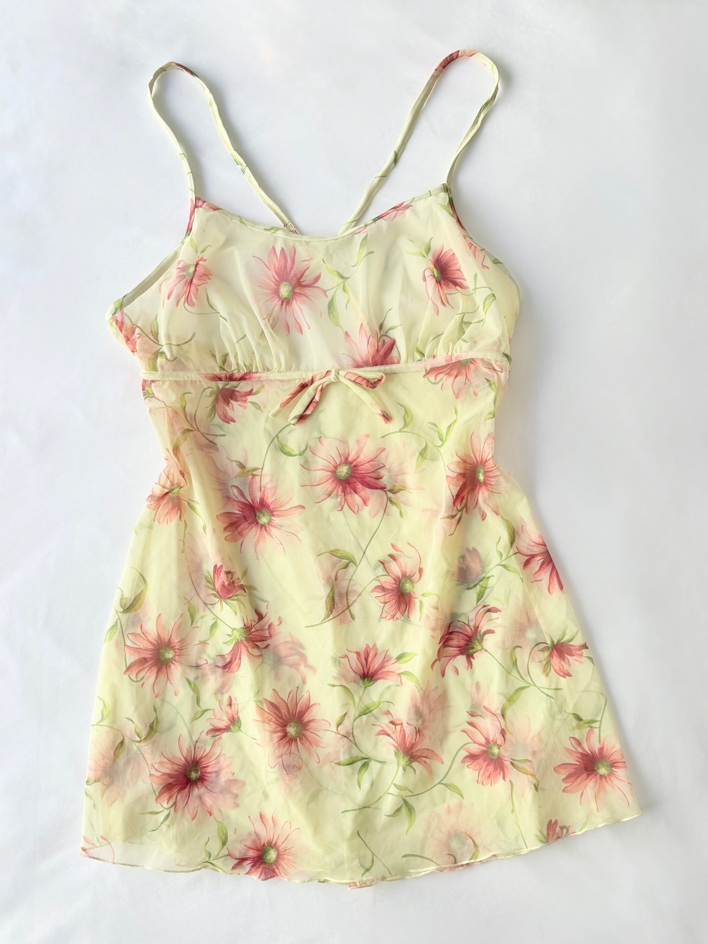 00’s Yellow mesh floral mini dress | Size small