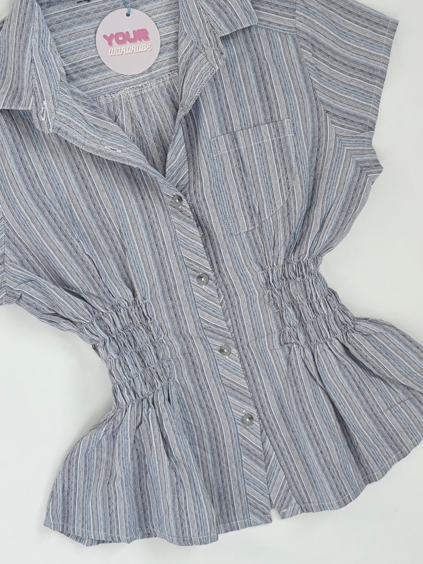 00’s Blue striped cinched shirt | Size 10-12