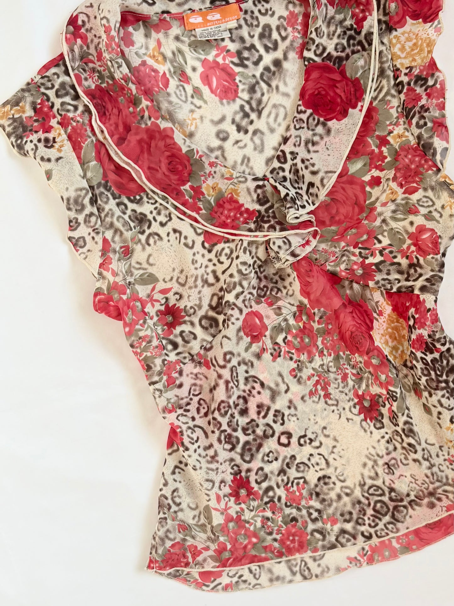 00’s Leopard rose ruffle top | Size 12