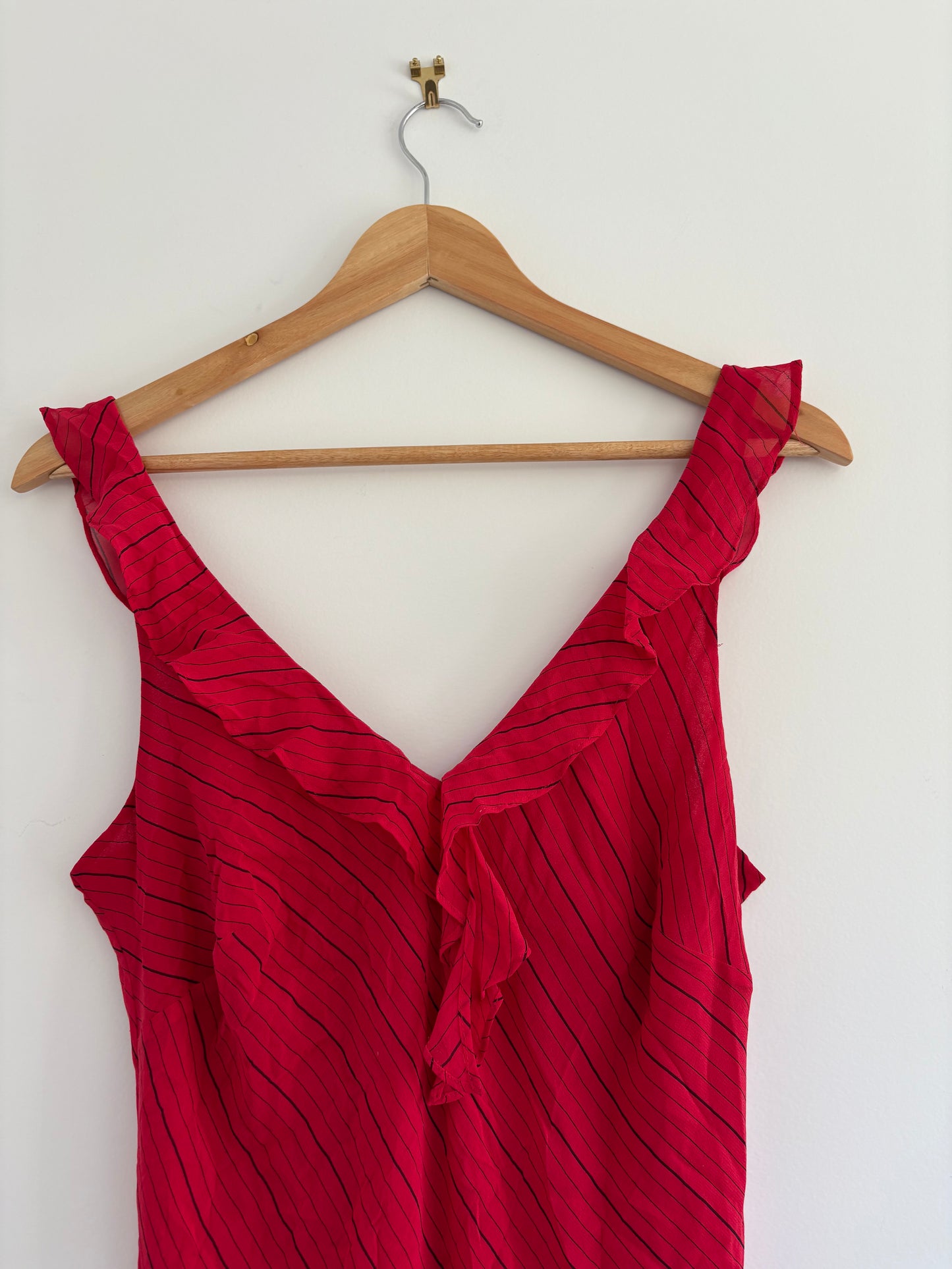 90’s Red ruffle silk midi dress | Size 10-12