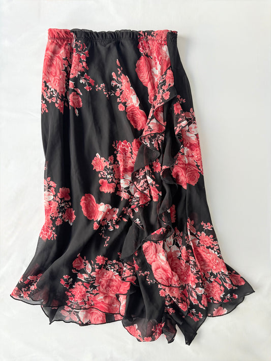 00’s Rose ruffle midi skirt | Size 6-8