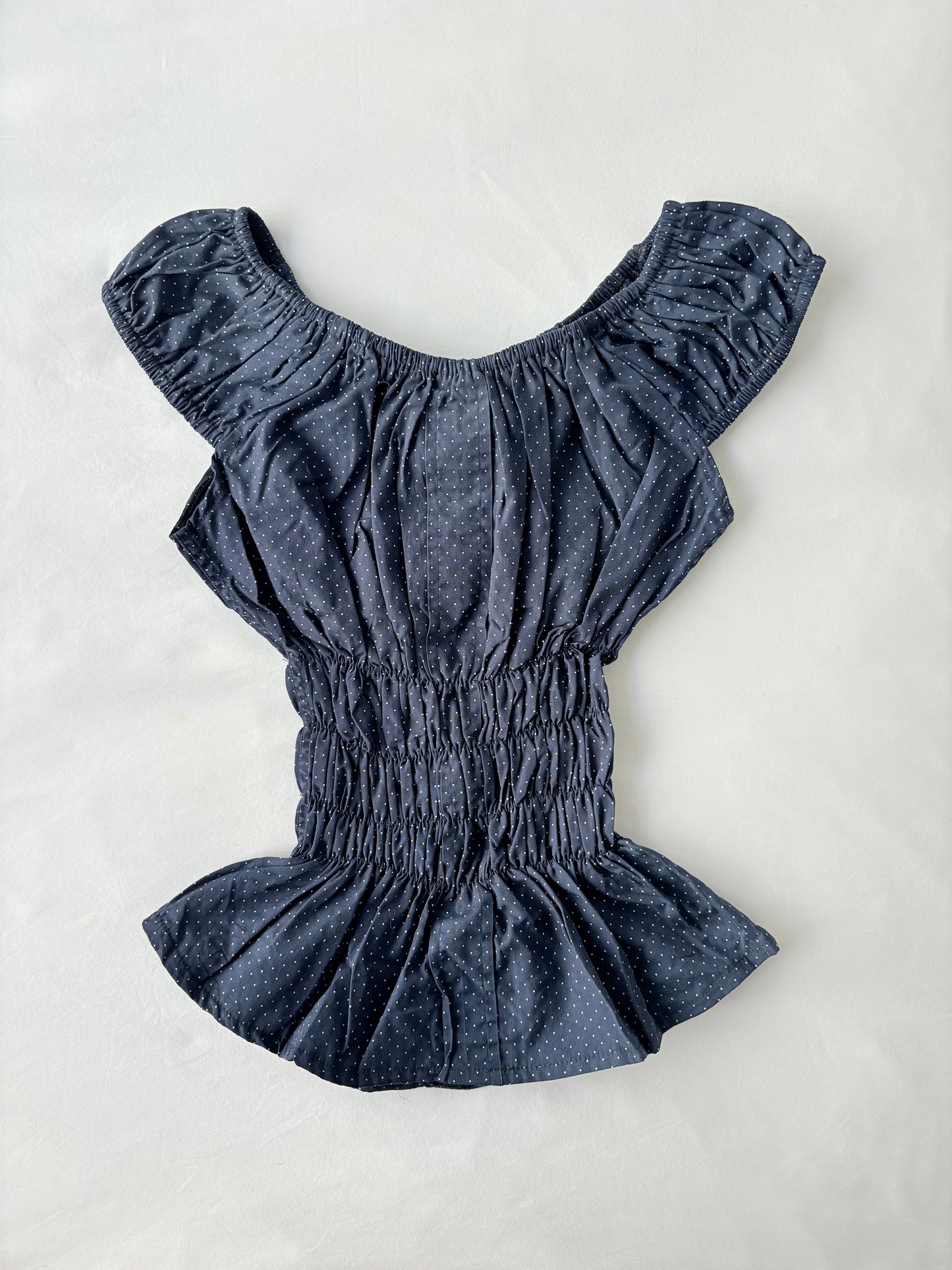 00’s Milkmaid navy polka dot top | Size 6-8