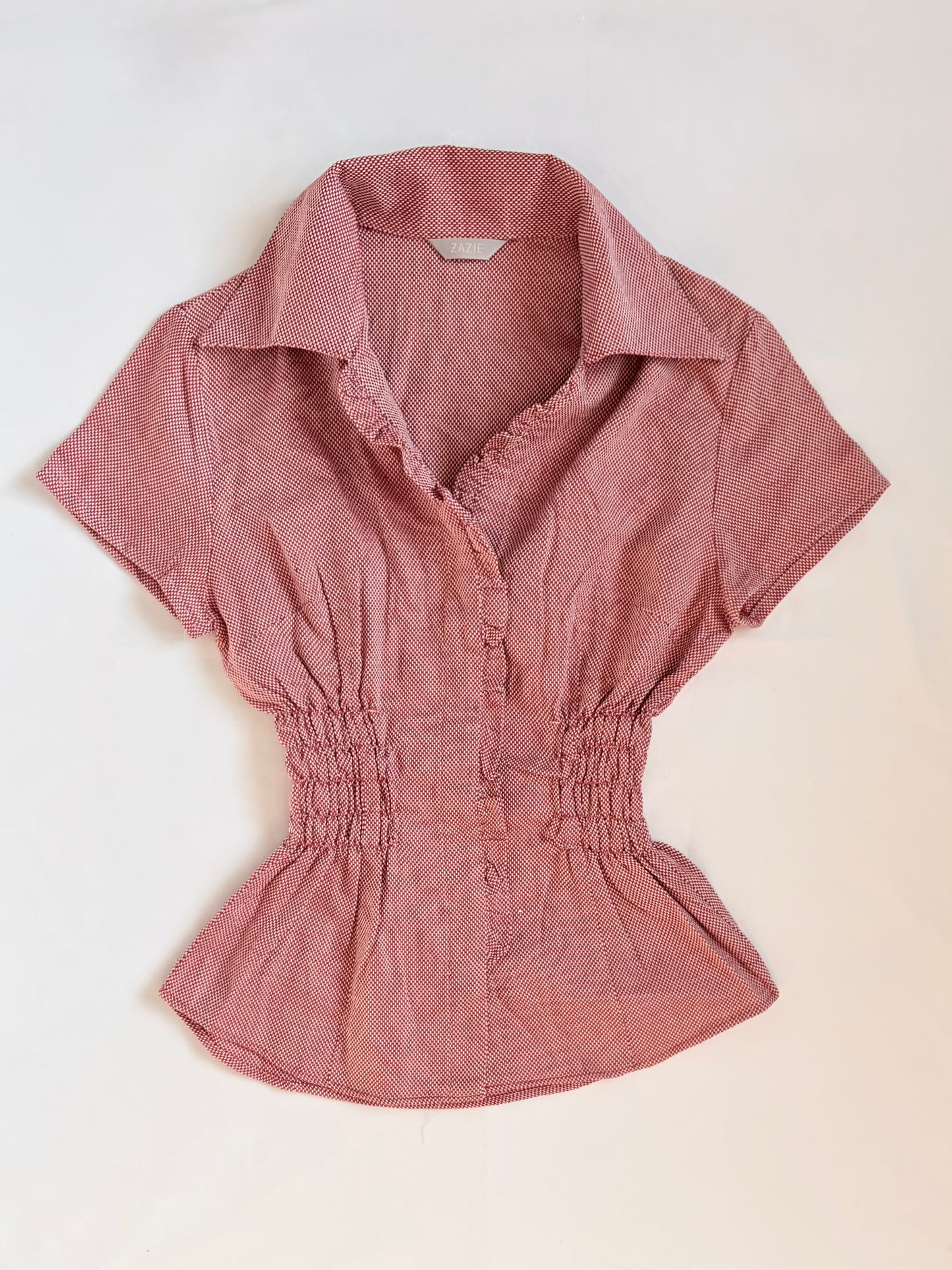 00’s Red ruffle cinched shirt | Size 6-8