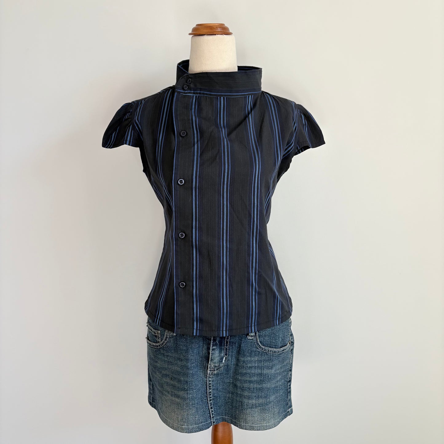 00’s Blue striped cap sleeve reworked shirt | Size 10