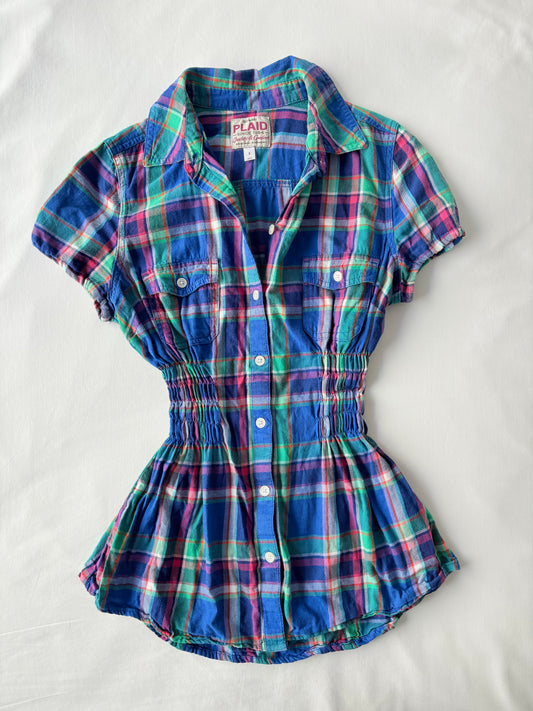 00’s Vibrant plaid cinched shirt | Size 8