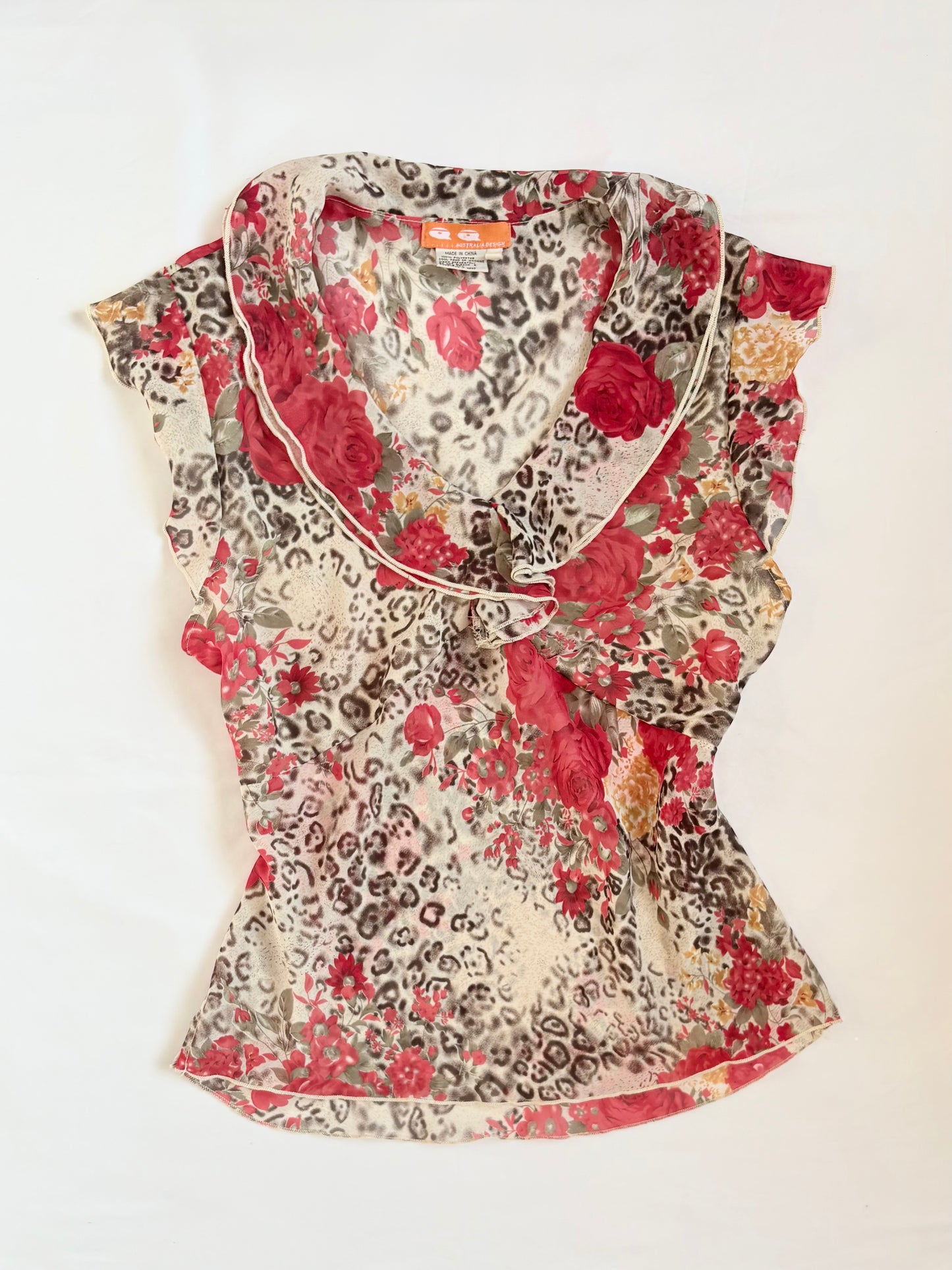 00’s Leopard rose ruffle top | Size 12