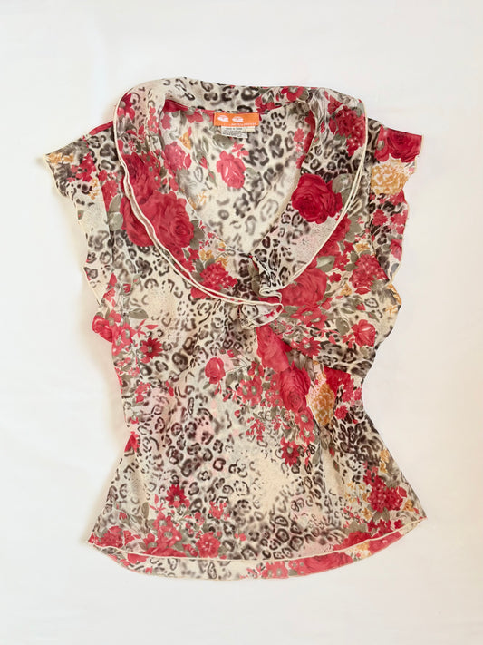 00’s Leopard rose ruffle top | Size 12