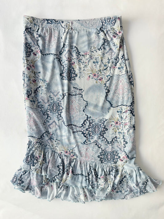 00’s Baby blue patterned midi skirt | Size 8