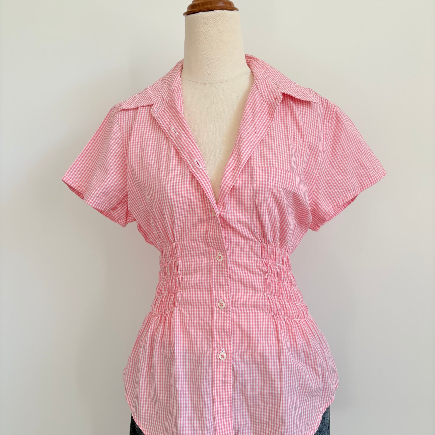 00’s Pink gingham cinched shirt | Size 10-12