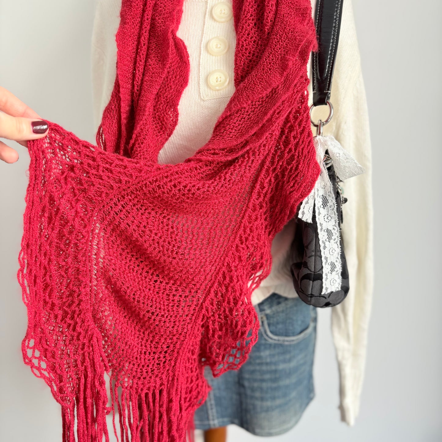 00’s Red ruffle knit scarf