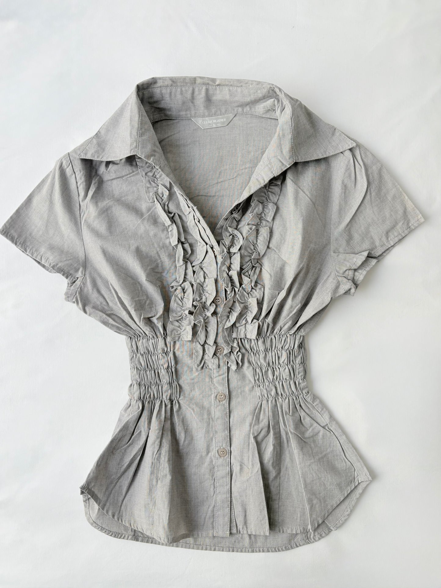 00’s Grey cinched ruffle shirt | Size 12-14