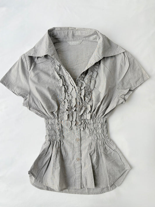 00’s Grey cinched ruffle shirt | Size 12-14