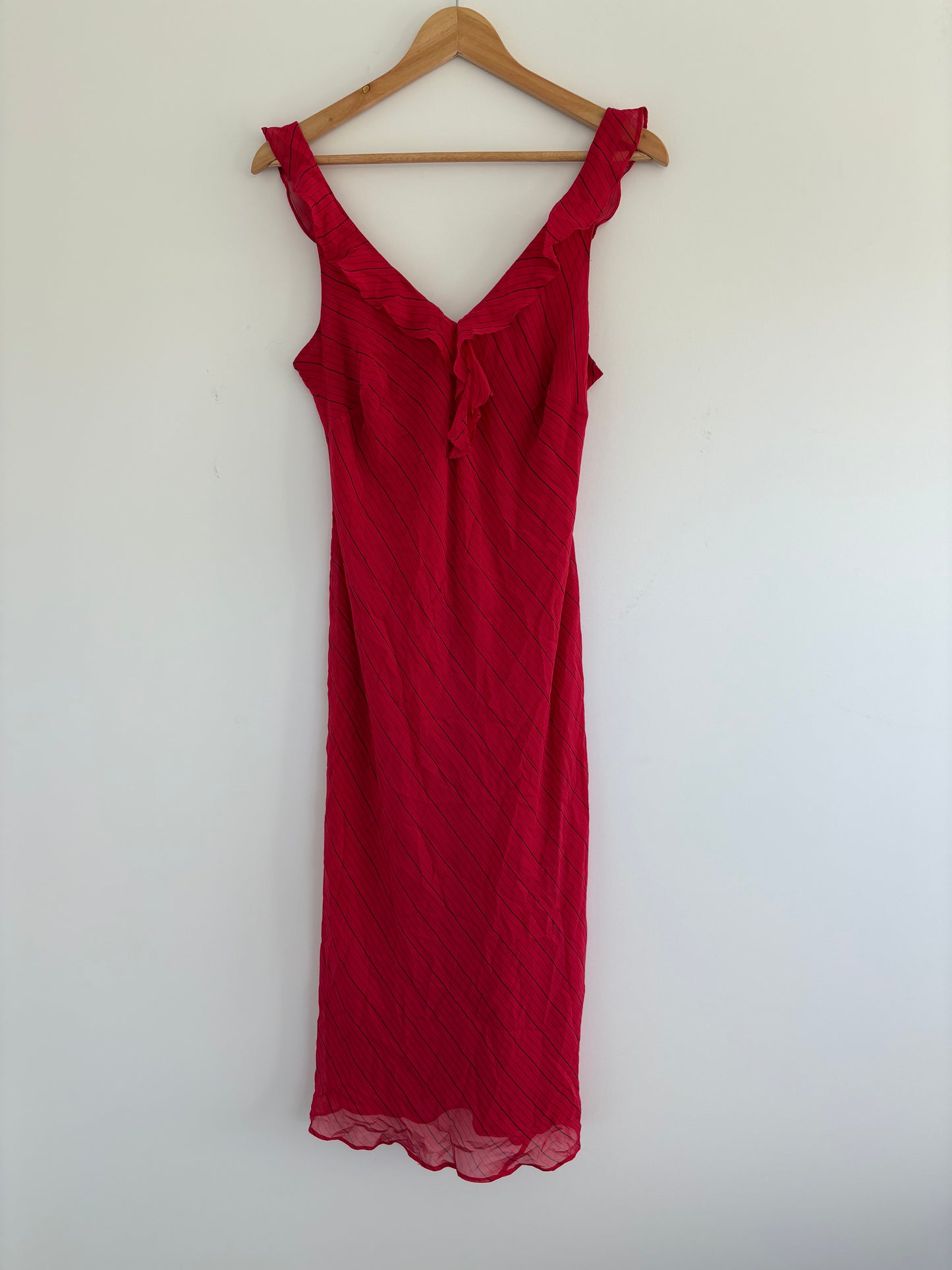 90’s Red ruffle silk midi dress | Size 10-12