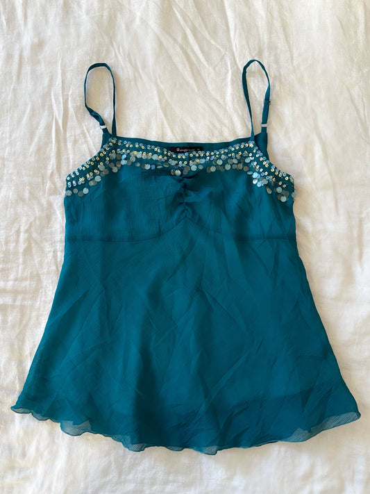 00’s Teal silk sequin cami | Size 12