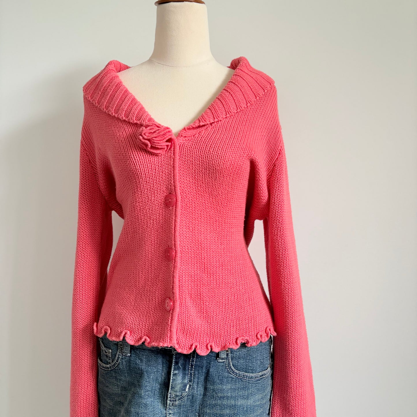 00’s Coral lettuce hem cardigan | Size large