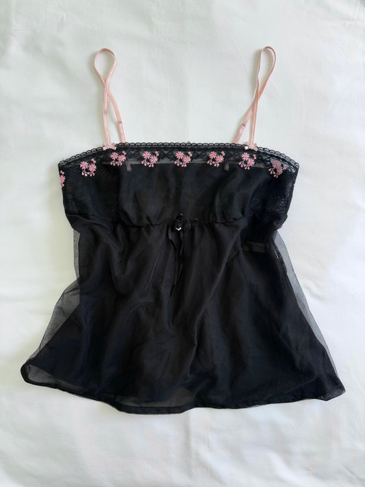 00’s Black babydoll embroidered cami | Size 10-12