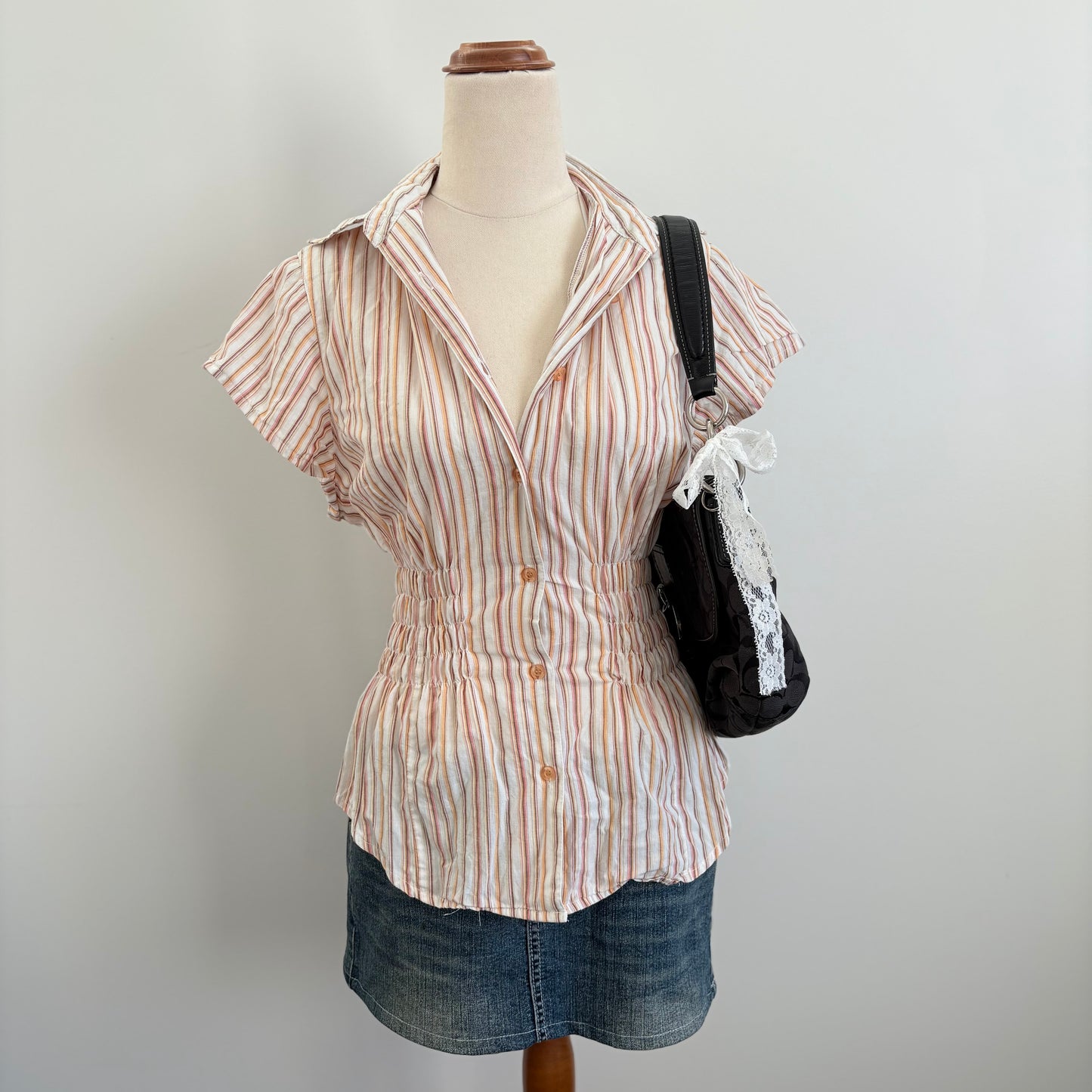 00’s Mocarle orange cinched striped shirt | Size 8