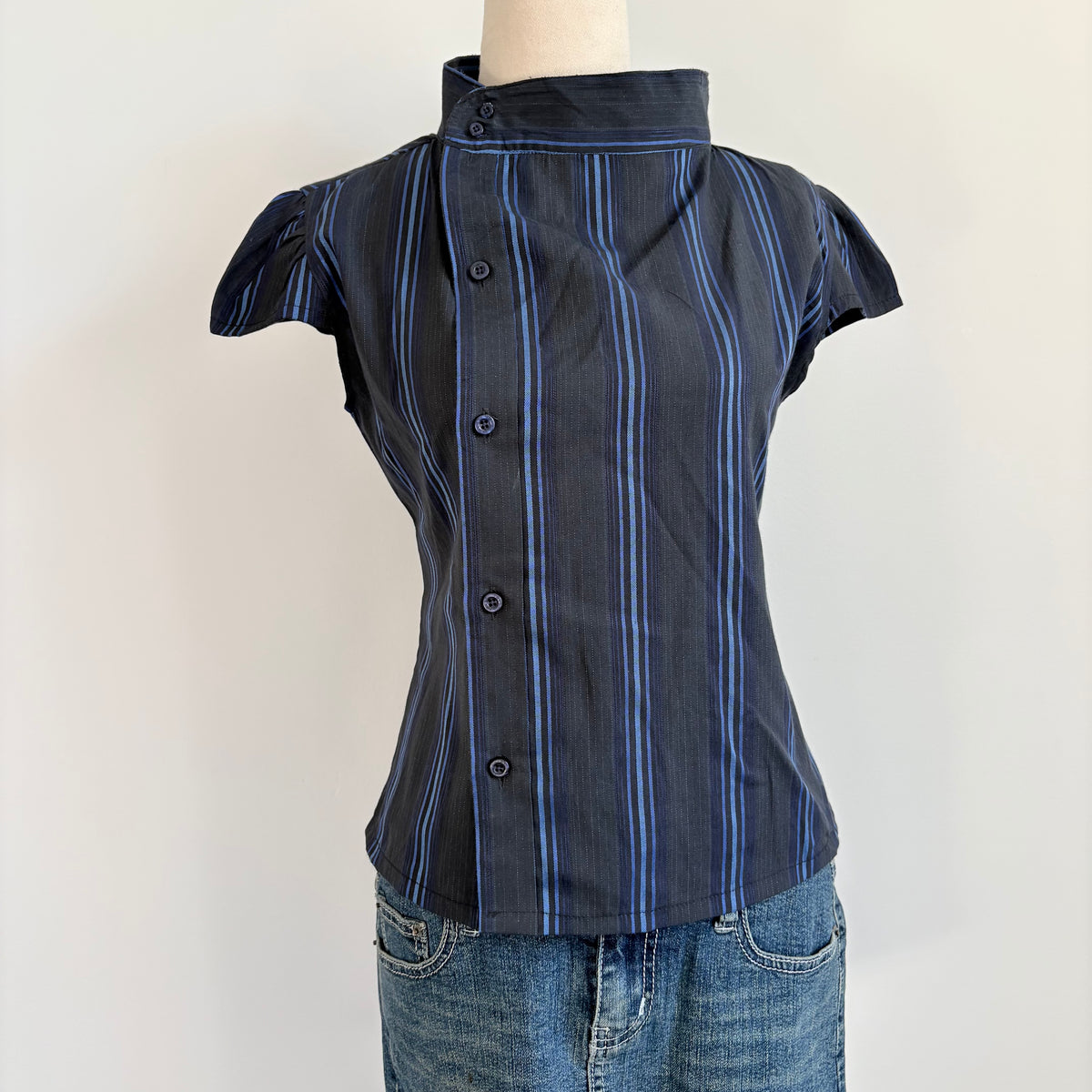 00’s Blue striped cap sleeve reworked shirt | Size 10